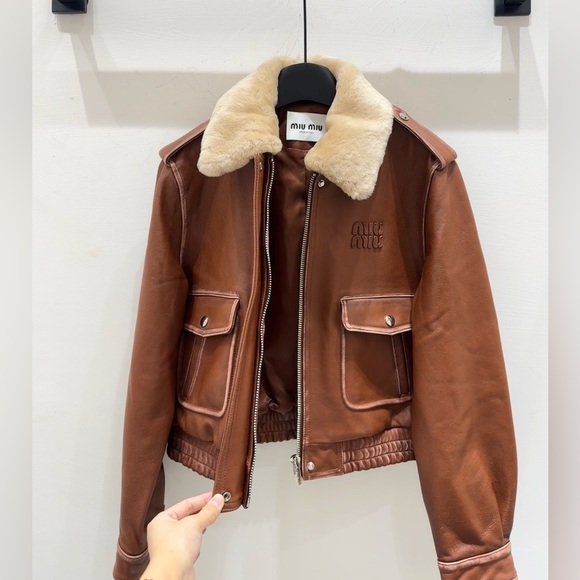 Miu Miu Tan Leather Bomber with Cream Shearling Collar - Picture 1 of 9